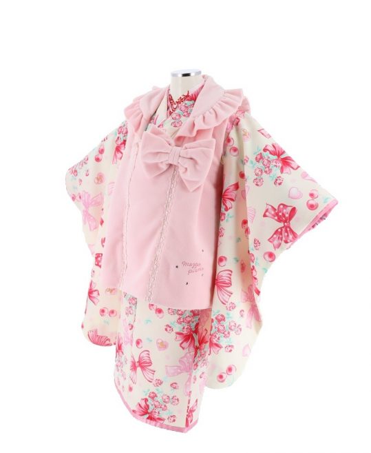七五三 3歳女の子用被布[メゾピアノ]ピンクにリボン(着物)クリームに花束とチェリーNo.61V